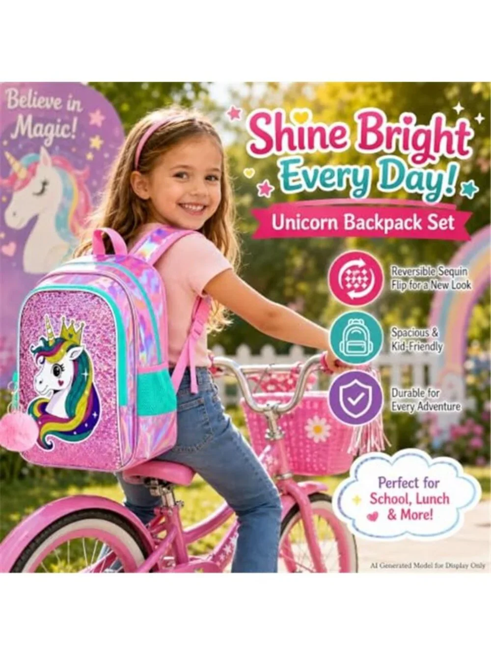 3Pcs Kids Sequin Unicorn Backpack Bookbag with Lunch Box, 16”